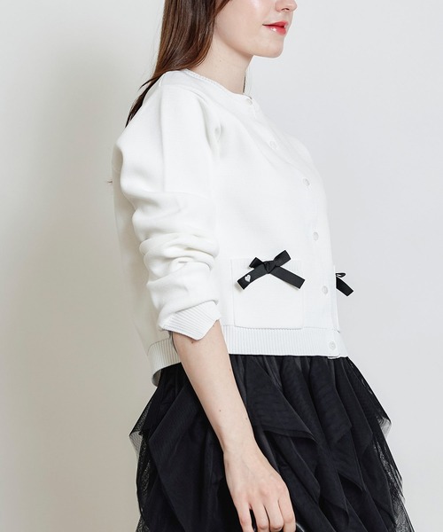 PICCIN（ピッチン）の「ポケットリボンカーディガン（カーディガン/ボレロ・レディース・ブラック/オフホワイト・M）」の6枚目の写真