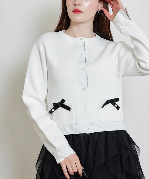 PICCIN（ピッチン）の「ポケットリボンカーディガン（カーディガン/ボレロ・レディース・ブラック/オフホワイト・M）」の10枚目の写真