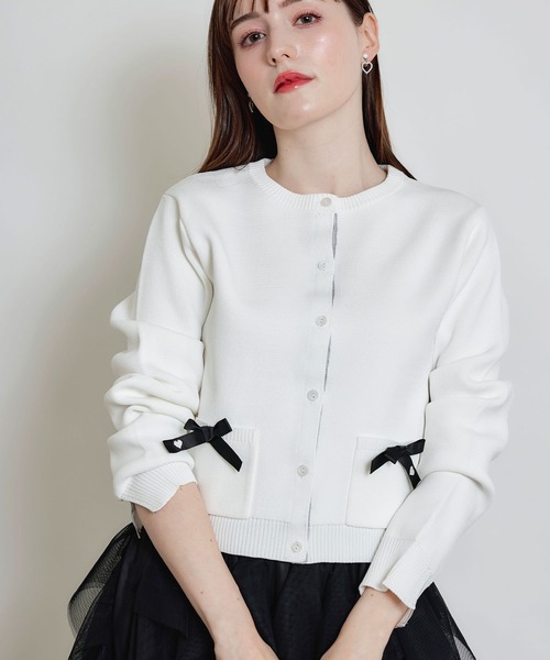 PICCIN（ピッチン）の「ポケットリボンカーディガン（カーディガン/ボレロ・レディース・ブラック/オフホワイト・M）」の3枚目の写真