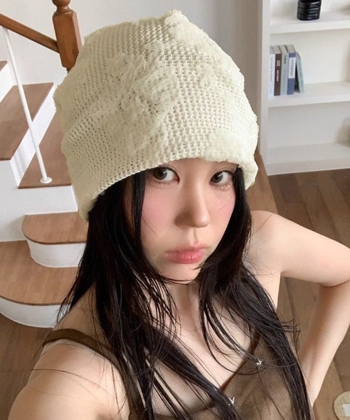 セール】【春夏新作】チュールフラワー柄ニット帽（ニットキャップ