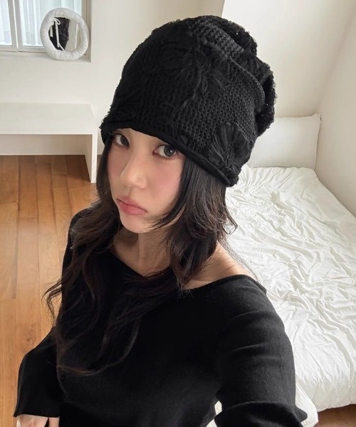 セール】【春夏新作】チュールフラワー柄ニット帽（ニットキャップ