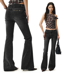 Zip Pocket Slim Low Rise Flared Jeans DCWPT021BLACK