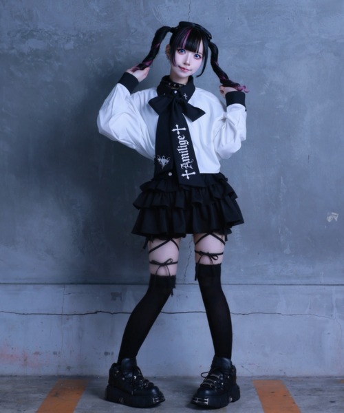 Amilige（アミリージュ）の「コウモリハート刺繍リボンバイカラーシャツ（シャツ/ブラウス・レディース・ホワイト×ブラック/ホワイト・FREE）」の5枚目の写真