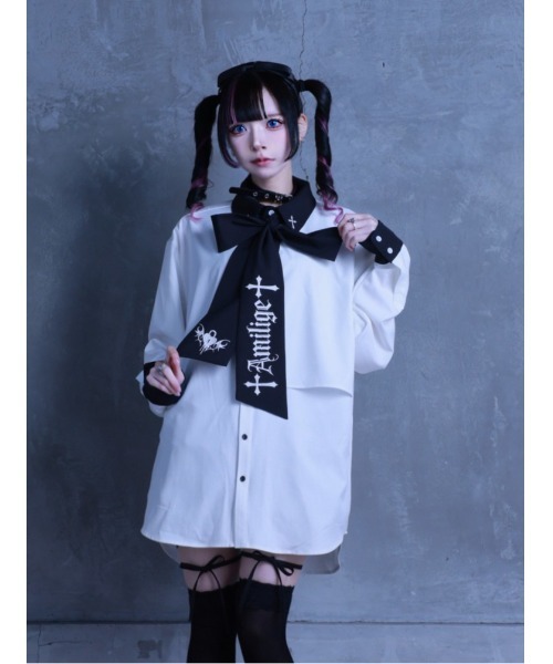Amilige（アミリージュ）の「コウモリハート刺繍リボンバイカラーシャツ（シャツ/ブラウス・レディース・ホワイト×ブラック/ホワイト・FREE）」の10枚目の写真