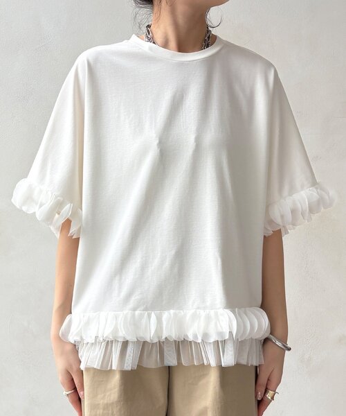 DouDou（ドゥドゥ）の「【WEB限定】異素材フリルトップス（Tシャツ/カットソー・レディース・オフホワイト/ブラック・FREE）」の10枚目の写真
