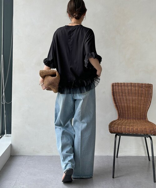 DouDou（ドゥドゥ）の「【WEB限定】異素材フリルトップス（Tシャツ/カットソー・レディース・オフホワイト/ブラック・FREE）」の22枚目の写真