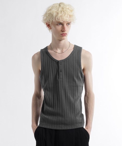 HARE（ハレ）の「ヘンリーネックリブタンク(HARE)（タンクトップ・メンズ・グレー/オフホワイト/ブラック・SMALL/MEDIUM）」の3枚目の写真