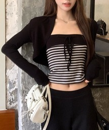 Teem Store（チームストア）の「【2点セット】ボーダーチューブトップ 短丈カーディガン（アンサンブル）」