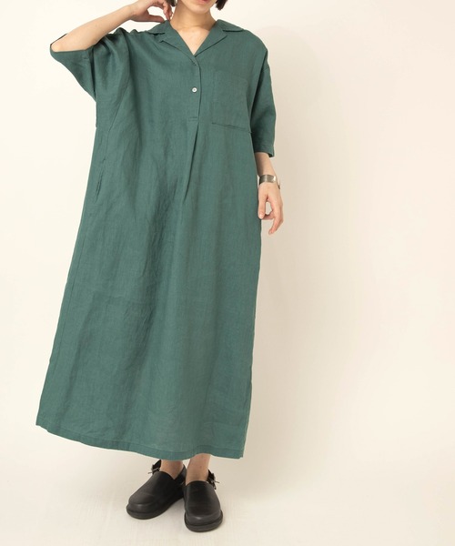 RNA-N(アールエヌエーエヌ)の「D1690 リネンオープンカラーワンピース(ワンピース・レディース・ブラウン/ブラック/グリーン・FREE)」の3枚目の写真