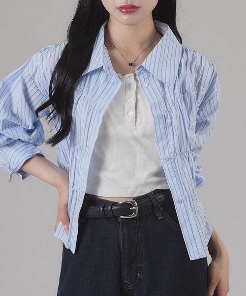 apres jour mignon(アプレジュールミニョン)の「フロントシャーリングシャツ(シャツ/ブラウス・レディース・ブラック系その他/オフホワイト/ブルー/ピンク/ブルー系その他・LARGE/フリー)」の1枚目の写真