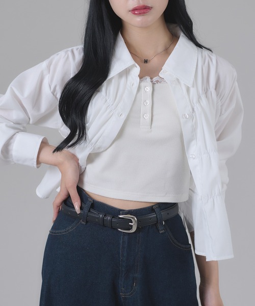 apres jour mignon(アプレジュールミニョン)の「フロントシャーリングシャツ(シャツ/ブラウス・レディース・ブラック系その他/オフホワイト/ブルー/ピンク/ブルー系その他・LARGE/フリー)」の2枚目の写真