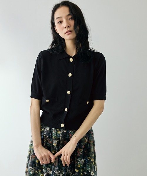 QUEENS COURT（クイーンズコート）の「リヨセルミックスハイツイストポロトップス（ニット/セーター・レディース・ブラック/オフホワイト・M）」の2枚目の写真