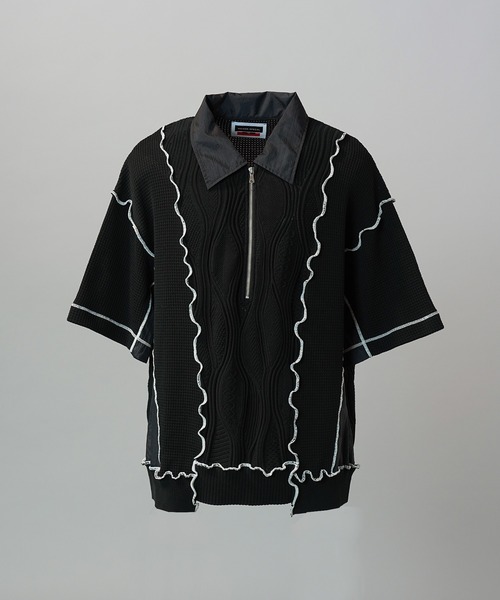 [UNISEX] Mixed Materials Docking Prime‑Over Lettuce‑edge Half‑zip Knit T‑shirt — многослойный трикотаж с молнией MAISON SPECIAL
