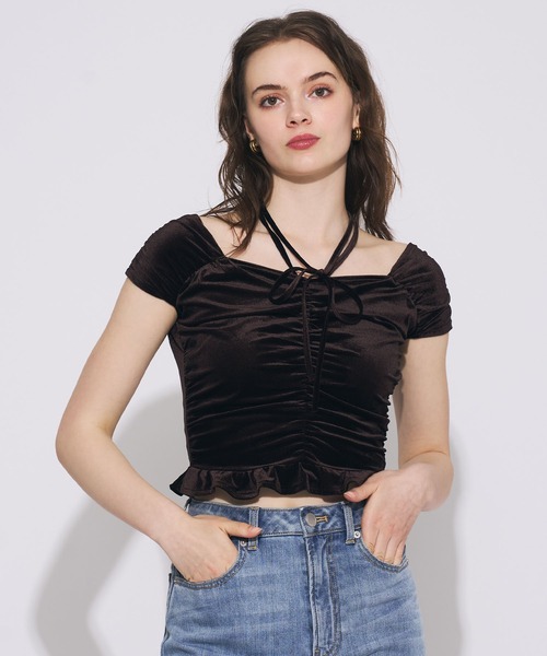 DEICY(デイシー)の「ベロアギャザートップス(Tシャツ/カットソー・レディース・ブラウン/プラム・FREE)」の2枚目の写真