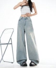ダメージ加工 ウォッシュ加工 デニム ワイドパンツ