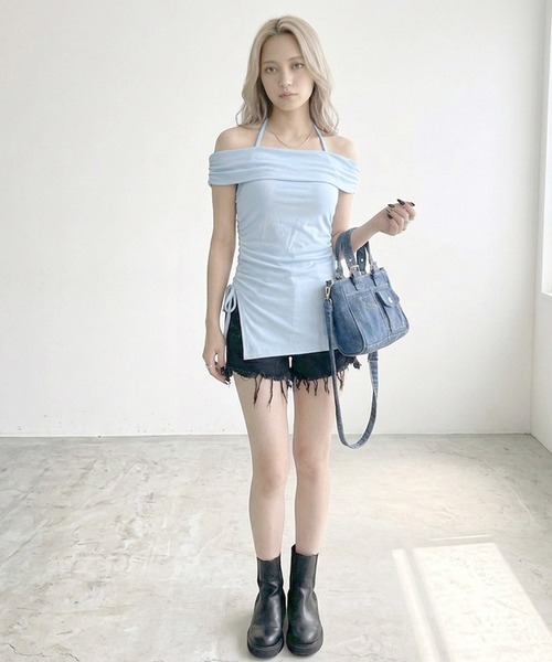 non-hedge(ノンヘッジ)の「サイドスリットドロストオフショルダートップス(Tシャツ/カットソー・レディース・ブラック/ブルー/オフホワイト/オートミール/ピンク・FREE)」の6枚目の写真