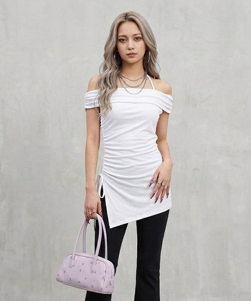 non-hedge(ノンヘッジ)の「サイドスリットドロストオフショルダートップス(Tシャツ/カットソー・レディース・ブラック/ブルー/オフホワイト/オートミール/ピンク・FREE)」の14枚目の写真