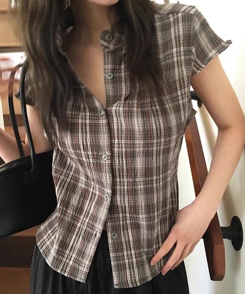 Girly Doll（ガーリードール）の「チェック柄フレンチスリーブシャツ（シャツ/ブラウス・レディース・ネイビー/オレンジ/ブラウン・F）」の2枚目の写真
