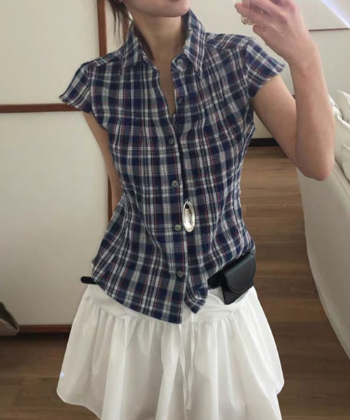 Girly Doll（ガーリードール）の「チェック柄フレンチスリーブシャツ（シャツ/ブラウス・レディース・ネイビー/オレンジ/ブラウン・F）」の4枚目の写真