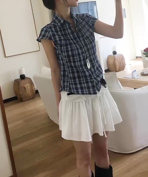 Girly Doll（ガーリードール）の「チェック柄フレンチスリーブシャツ（シャツ/ブラウス・レディース・ネイビー/オレンジ/ブラウン・F）」の5枚目の写真