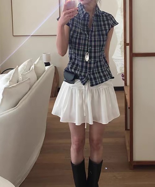 Girly Doll（ガーリードール）の「チェック柄フレンチスリーブシャツ（シャツ/ブラウス・レディース・ネイビー/オレンジ/ブラウン・F）」の6枚目の写真