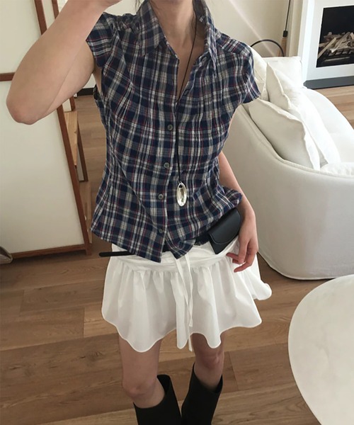 Girly Doll（ガーリードール）の「チェック柄フレンチスリーブシャツ（シャツ/ブラウス・レディース・ネイビー/オレンジ/ブラウン・F）」の7枚目の写真