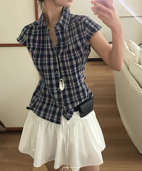 Girly Doll（ガーリードール）の「チェック柄フレンチスリーブシャツ（シャツ/ブラウス・レディース・ネイビー/オレンジ/ブラウン・F）」の8枚目の写真