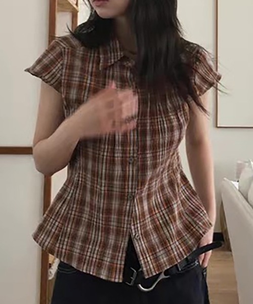 Girly Doll（ガーリードール）の「チェック柄フレンチスリーブシャツ（シャツ/ブラウス・レディース・ネイビー/オレンジ/ブラウン・F）」の9枚目の写真