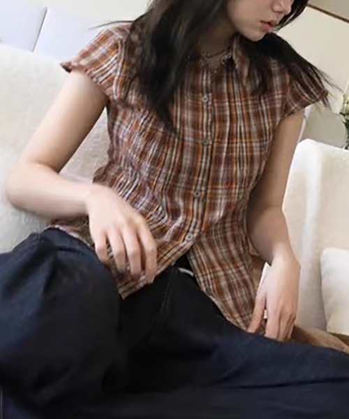 Girly Doll（ガーリードール）の「チェック柄フレンチスリーブシャツ（シャツ/ブラウス・レディース・ネイビー/オレンジ/ブラウン・F）」の10枚目の写真