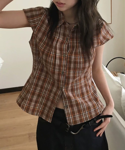 Girly Doll（ガーリードール）の「チェック柄フレンチスリーブシャツ（シャツ/ブラウス・レディース・ネイビー/オレンジ/ブラウン・F）」の11枚目の写真