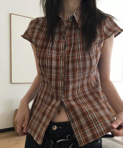 Girly Doll（ガーリードール）の「チェック柄フレンチスリーブシャツ（シャツ/ブラウス・レディース・ネイビー/オレンジ/ブラウン・F）」の12枚目の写真