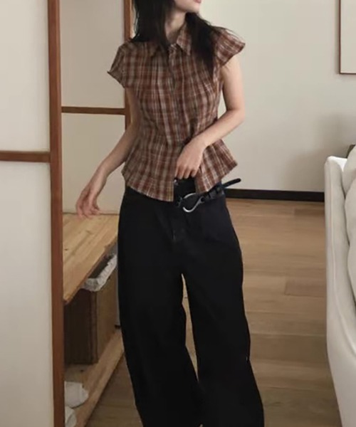 Girly Doll（ガーリードール）の「チェック柄フレンチスリーブシャツ（シャツ/ブラウス・レディース・ネイビー/オレンジ/ブラウン・F）」の13枚目の写真