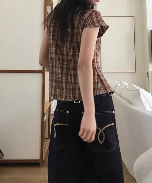 Girly Doll（ガーリードール）の「チェック柄フレンチスリーブシャツ（シャツ/ブラウス・レディース・ネイビー/オレンジ/ブラウン・F）」の14枚目の写真