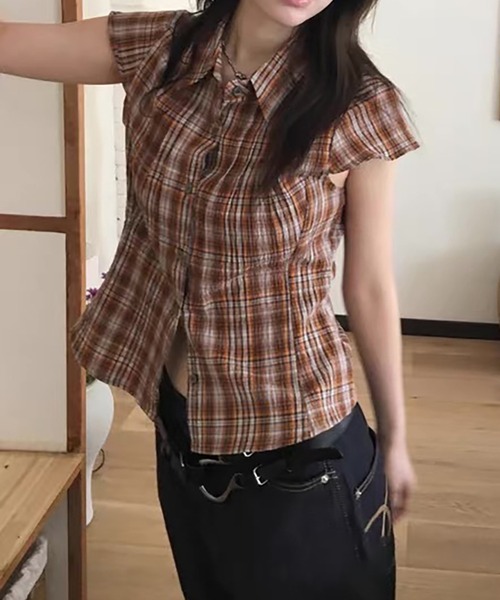 Girly Doll（ガーリードール）の「チェック柄フレンチスリーブシャツ（シャツ/ブラウス・レディース・ネイビー/オレンジ/ブラウン・F）」の16枚目の写真