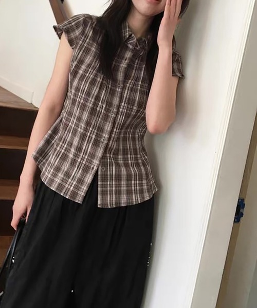 Girly Doll（ガーリードール）の「チェック柄フレンチスリーブシャツ（シャツ/ブラウス・レディース・ネイビー/オレンジ/ブラウン・F）」の22枚目の写真