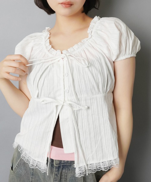 SPINNS(スピンズ)の「半袖ブラウス/パフスリーブ/フロント2リボン(シャツ/ブラウス・レディース・ホワイト・ONESIZE)」の6枚目の写真