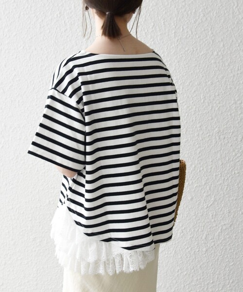 SHIPS any（シップス エニィ）の「SHIPS any:〈洗濯機可能〉レース ヘム アシンメトリー ショートスリーブ TEE（Tシャツ/カットソー・レディース・ブルー/ネイビー/ホワイト・ONE SIZE）」の8枚目の写真