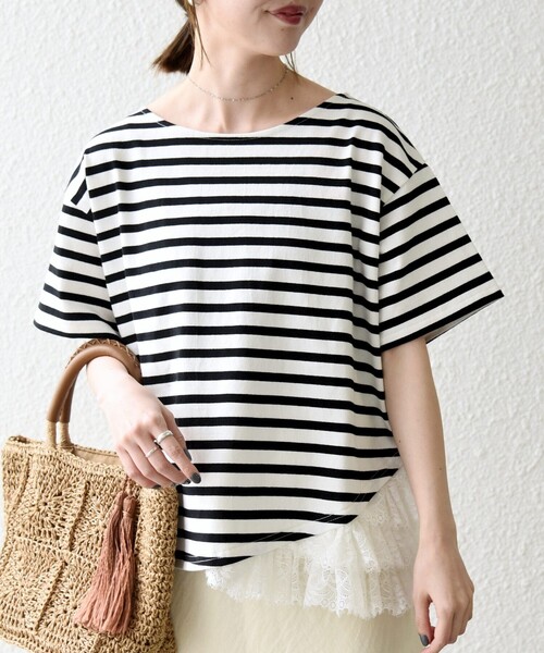 SHIPS any（シップス エニィ）の「SHIPS any:〈洗濯機可能〉レース ヘム アシンメトリー ショートスリーブ TEE（Tシャツ/カットソー・レディース・ブルー/ネイビー/ホワイト・ONE SIZE）」の9枚目の写真