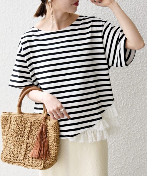 SHIPS any（シップス エニィ）の「SHIPS any:〈洗濯機可能〉レース ヘム アシンメトリー ショートスリーブ TEE（Tシャツ/カットソー・レディース・ブルー/ネイビー/ホワイト・ONE SIZE）」の10枚目の写真
