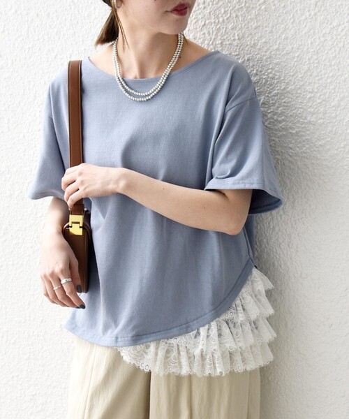 SHIPS any（シップス エニィ）の「SHIPS any:〈洗濯機可能〉レース ヘム アシンメトリー ショートスリーブ TEE（Tシャツ/カットソー・レディース・ブルー/ネイビー/ホワイト・ONE SIZE）」の13枚目の写真