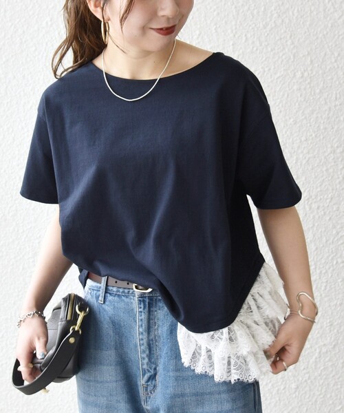 SHIPS any（シップス エニィ）の「SHIPS any:〈洗濯機可能〉レース ヘム アシンメトリー ショートスリーブ TEE（Tシャツ/カットソー・レディース・ブルー/ネイビー/ホワイト・ONE SIZE）」の21枚目の写真