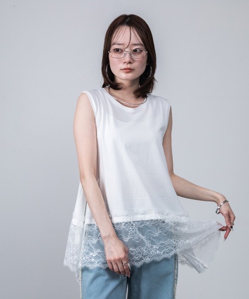 mellomela.(メロメラ)の「裾レースイレヘムノースリーブ(Tシャツ/カットソー・レディース・オフホワイト/ブラック・FREE)」の3枚目の写真