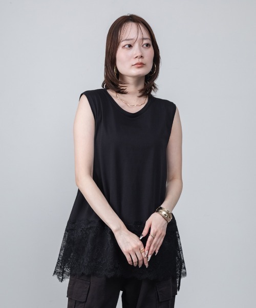 mellomela.(メロメラ)の「裾レースイレヘムノースリーブ(Tシャツ/カットソー・レディース・オフホワイト/ブラック・FREE)」の5枚目の写真