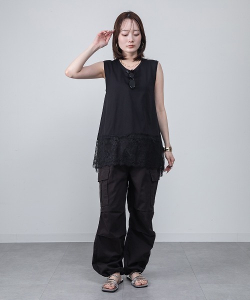 mellomela.(メロメラ)の「裾レースイレヘムノースリーブ(Tシャツ/カットソー・レディース・オフホワイト/ブラック・FREE)」の10枚目の写真