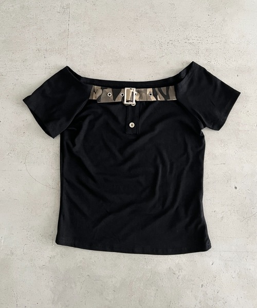 Bamm(バム)の「ベルトデザインコンパクトオフショルトップス(Tシャツ/カットソー・レディース・ホワイト/カモフラージュ/ブラック・FREE)」の13枚目の写真