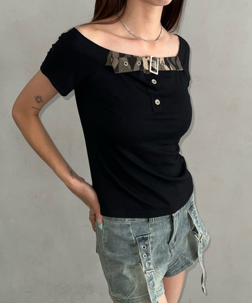Bamm(バム)の「ベルトデザインコンパクトオフショルトップス(Tシャツ/カットソー・レディース・ホワイト/カモフラージュ/ブラック・FREE)」の10枚目の写真