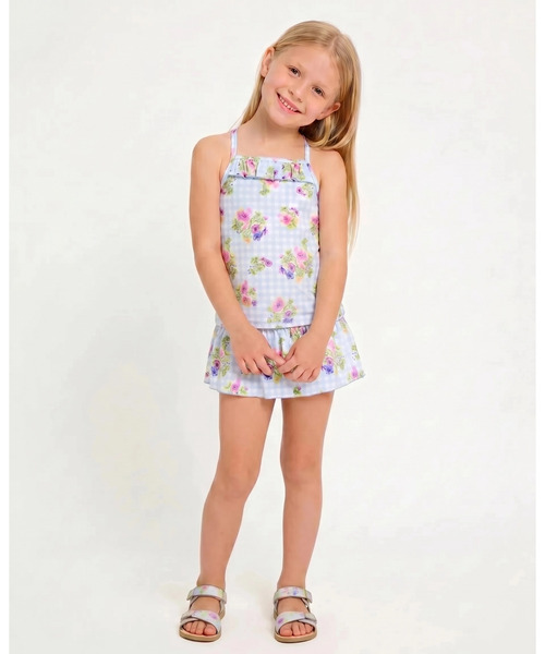 HAKKA KIDS（ハッカキッズ）の「フラワーMIX／チェックフラワープリントスイムタンキニ（UVカット）（水着・キッズ・サックスブルー/ピンク・L/M/S）」の2枚目の写真