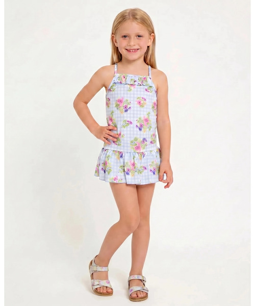 HAKKA KIDS（ハッカキッズ）の「フラワーMIX／チェックフラワープリントスイムタンキニ（UVカット）（水着・キッズ・サックスブルー/ピンク・L/M/S）」の4枚目の写真