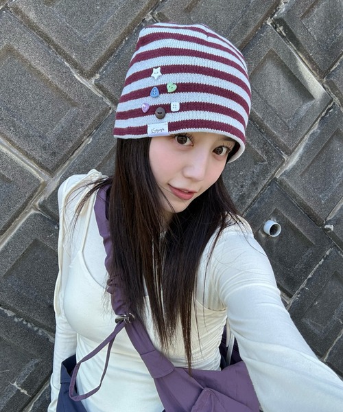 JEANASIS(ジーナシス)の「【みちゃん×25quee企画】ボーダービーニー/839481(ニットキャップ/ビーニー・レディース・レッド系/ネイビー系・FREE)」の4枚目の写真