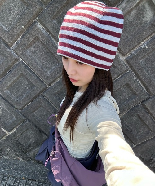 JEANASIS(ジーナシス)の「【みちゃん×25quee企画】ボーダービーニー/839481(ニットキャップ/ビーニー・レディース・レッド系/ネイビー系・FREE)」の5枚目の写真